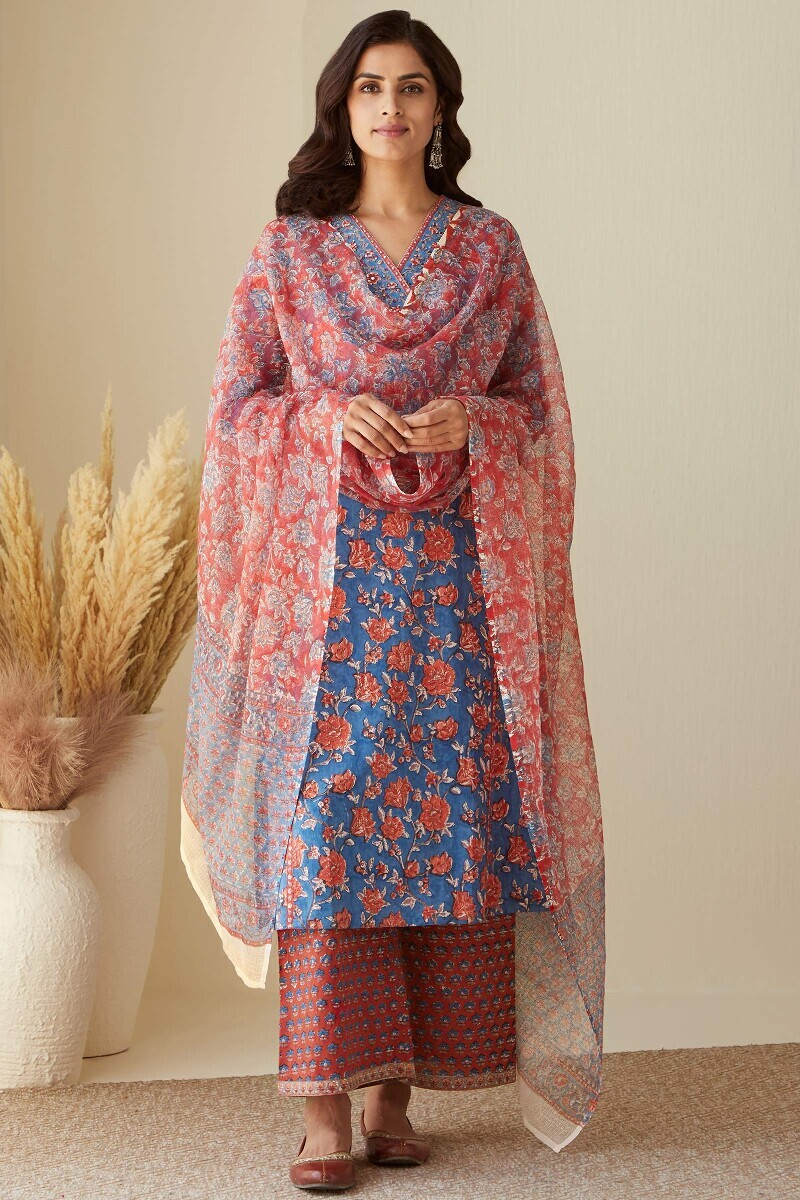 Blue Hand Block-Printed Straight Cotton Kurta