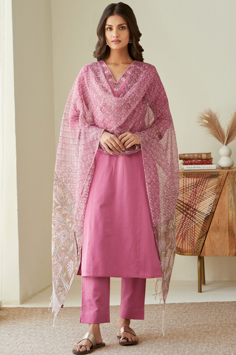 Pink Handcrafted Straight Cotton Flax Kurta