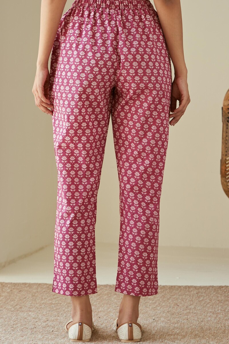 Pink Hand Printed Cotton Narrow Pants