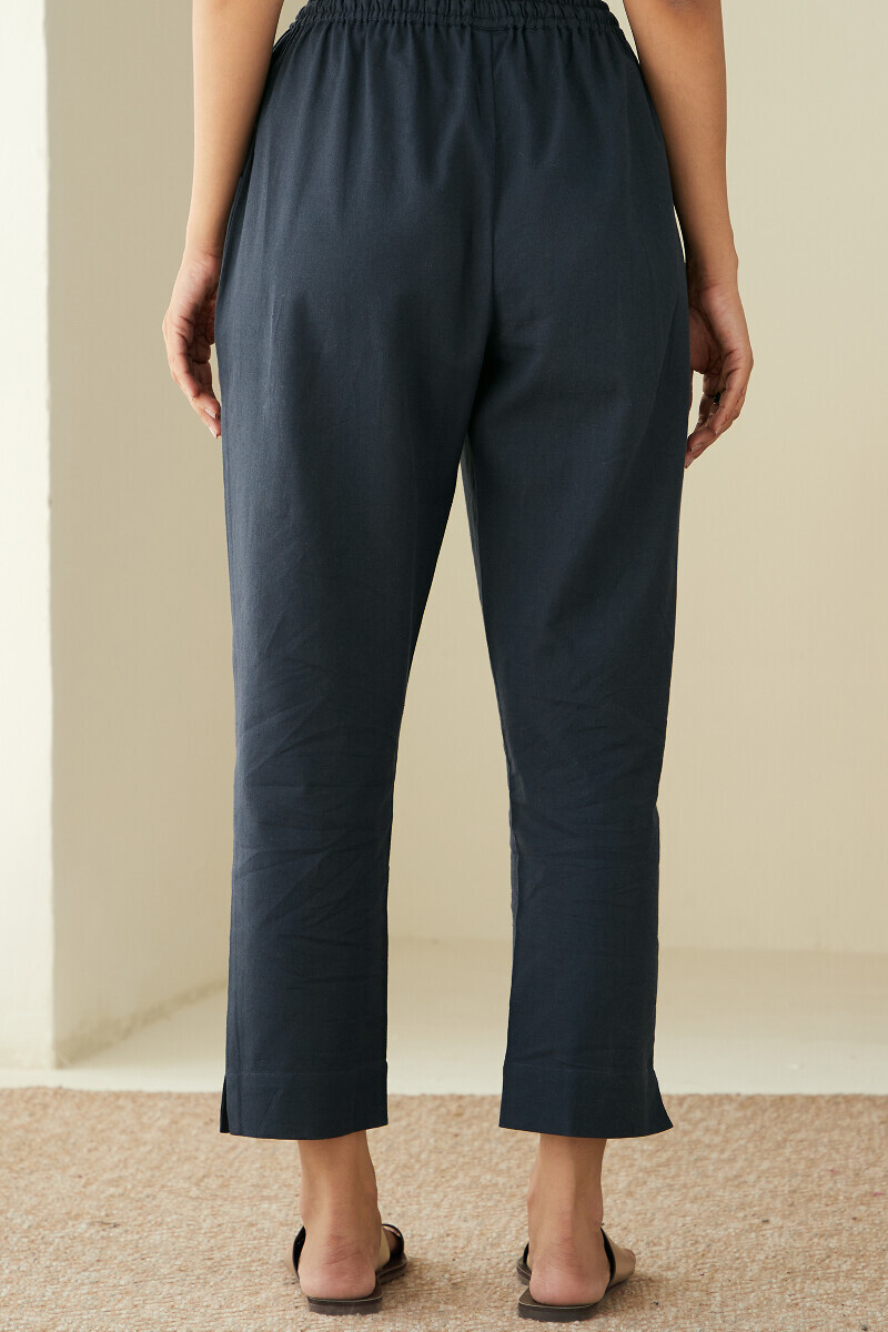 Blue Handcrafted Cotton Flax Narrow Pants