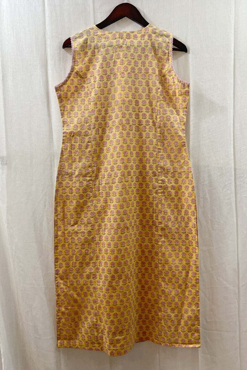 Yellow Hand Block-Printed Straight Cotton Slub Kurta