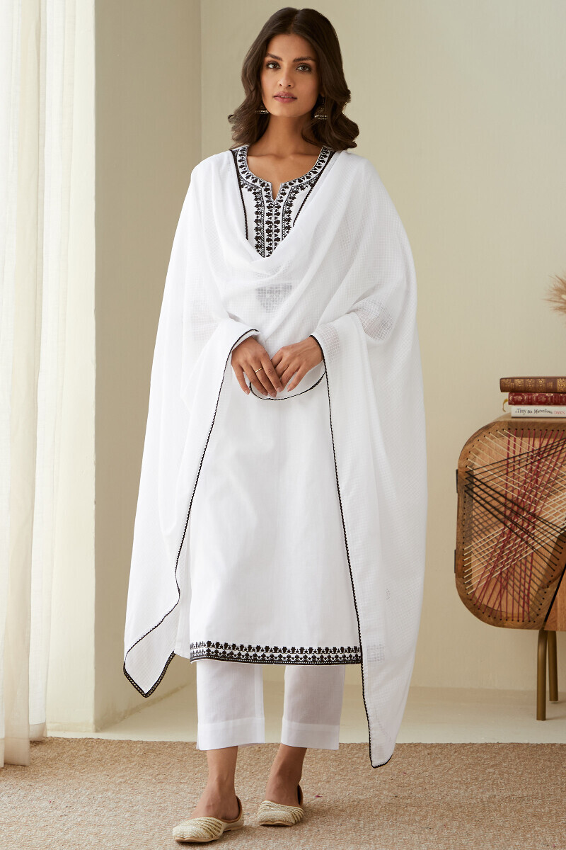 White Handcrafted Straight Cotton Flax Kurta