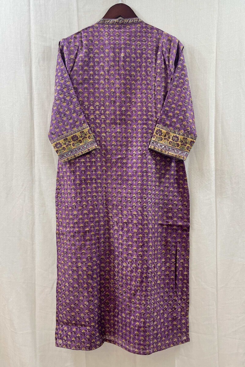 Purple Hand Block-Printed Straight Chanderi Kurta