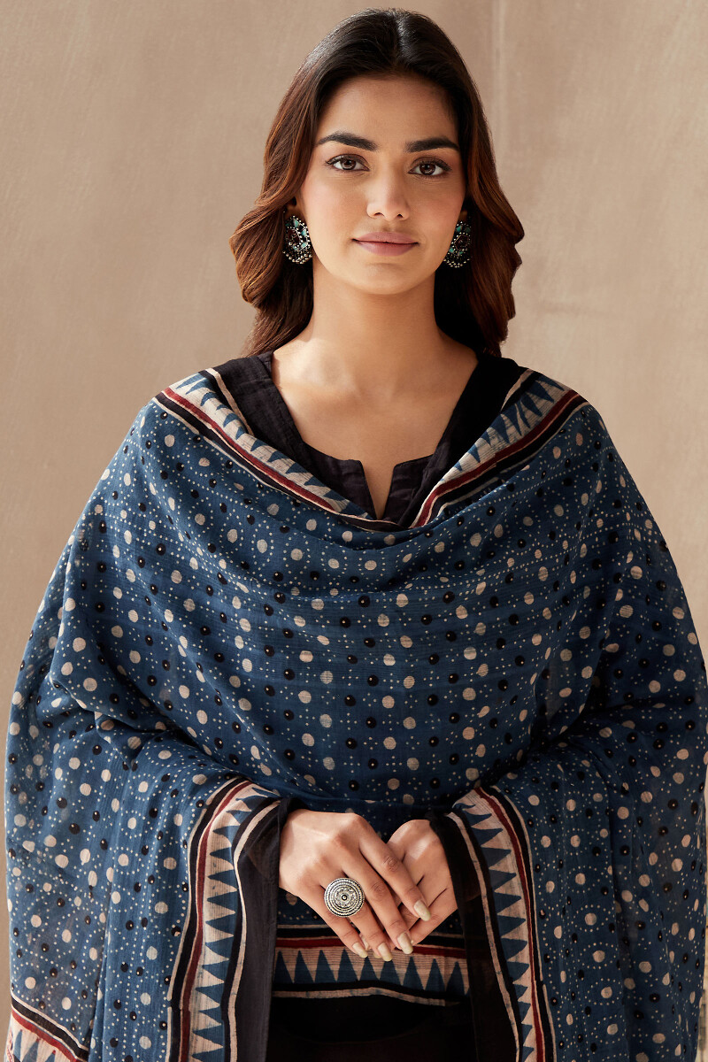 Indigo Hand Block Printed Cotton Dobby Dupatta