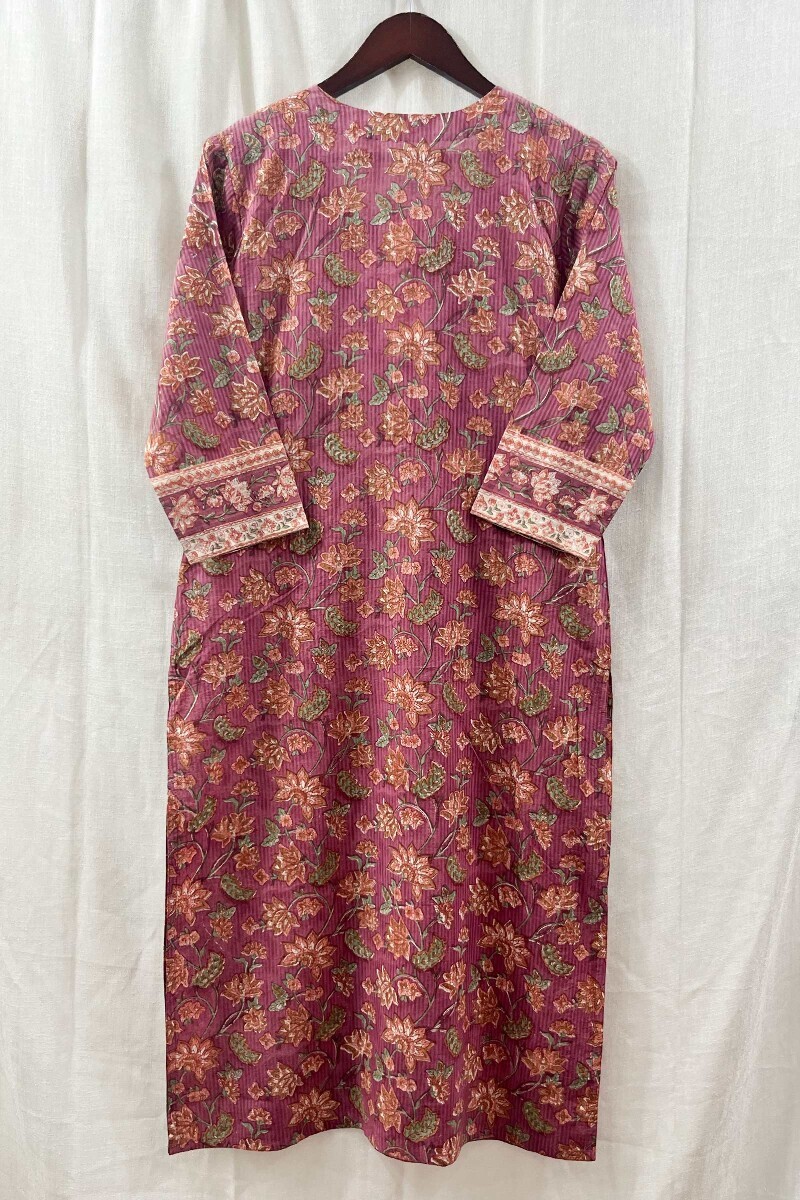 Pink Hand Block-Printed Straight Cotton Dobby Kurta