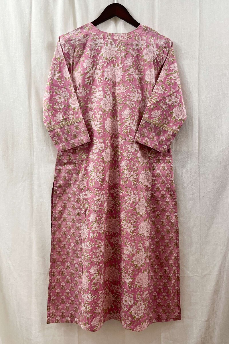 Pink Hand Block-Printed Straight Cotton Kurta