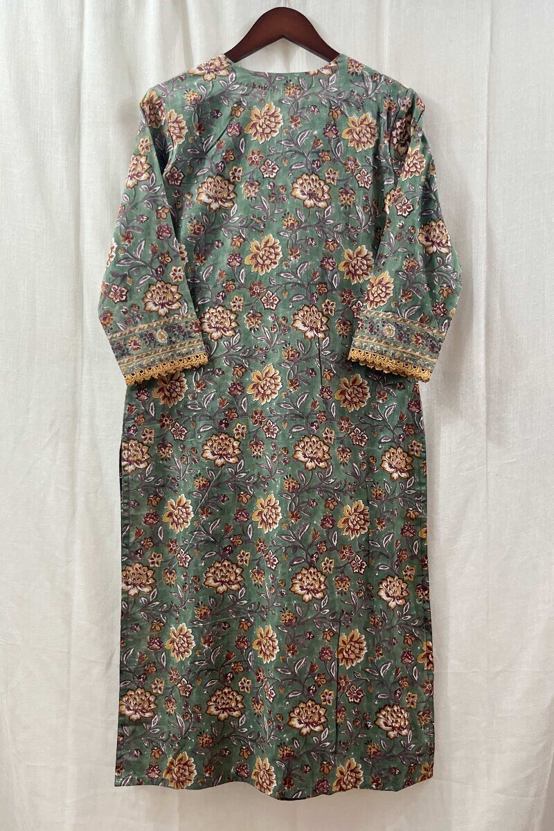 Green Hand Block-Printed Straight Cotton Kurta