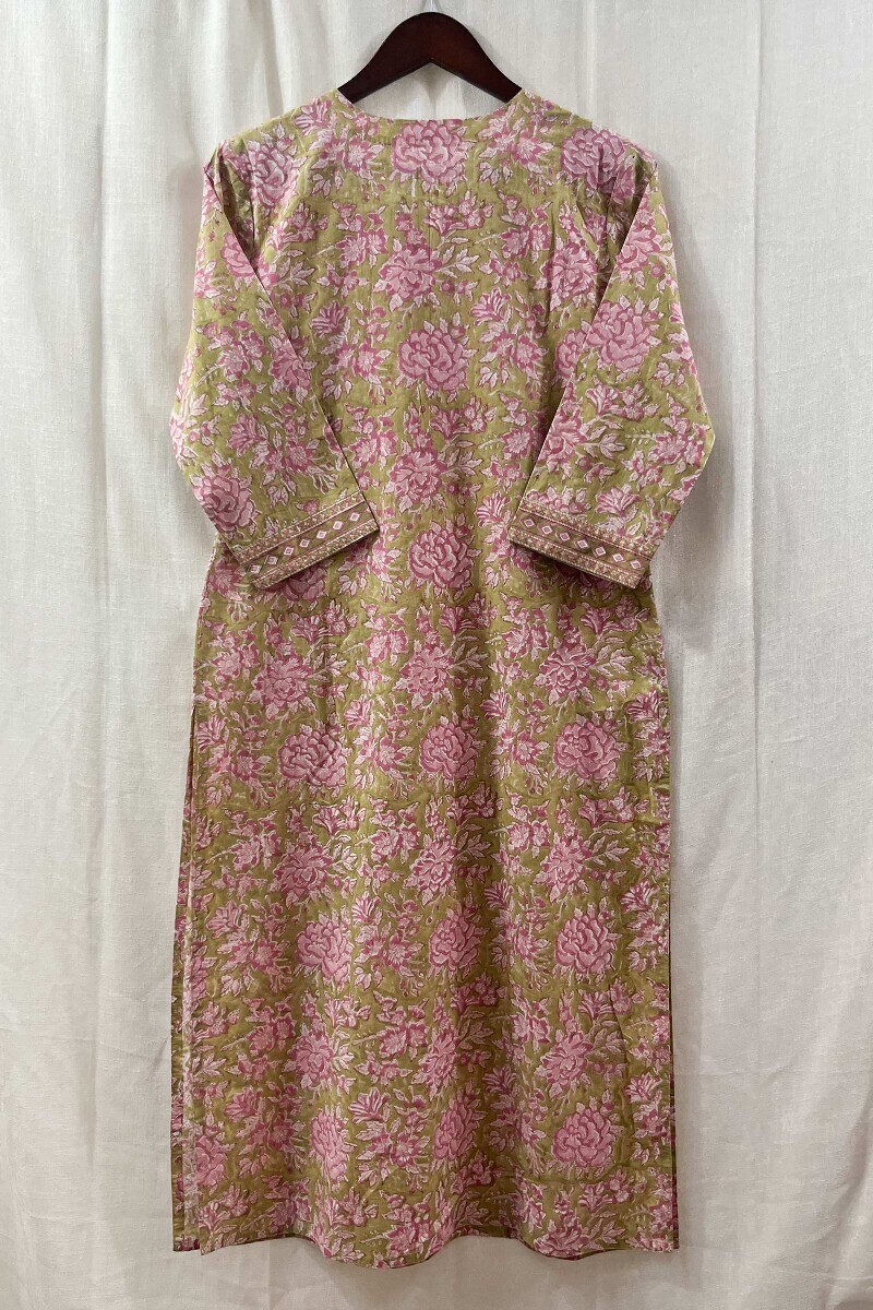 Green Hand Block-Printed Straight Cotton Kurta