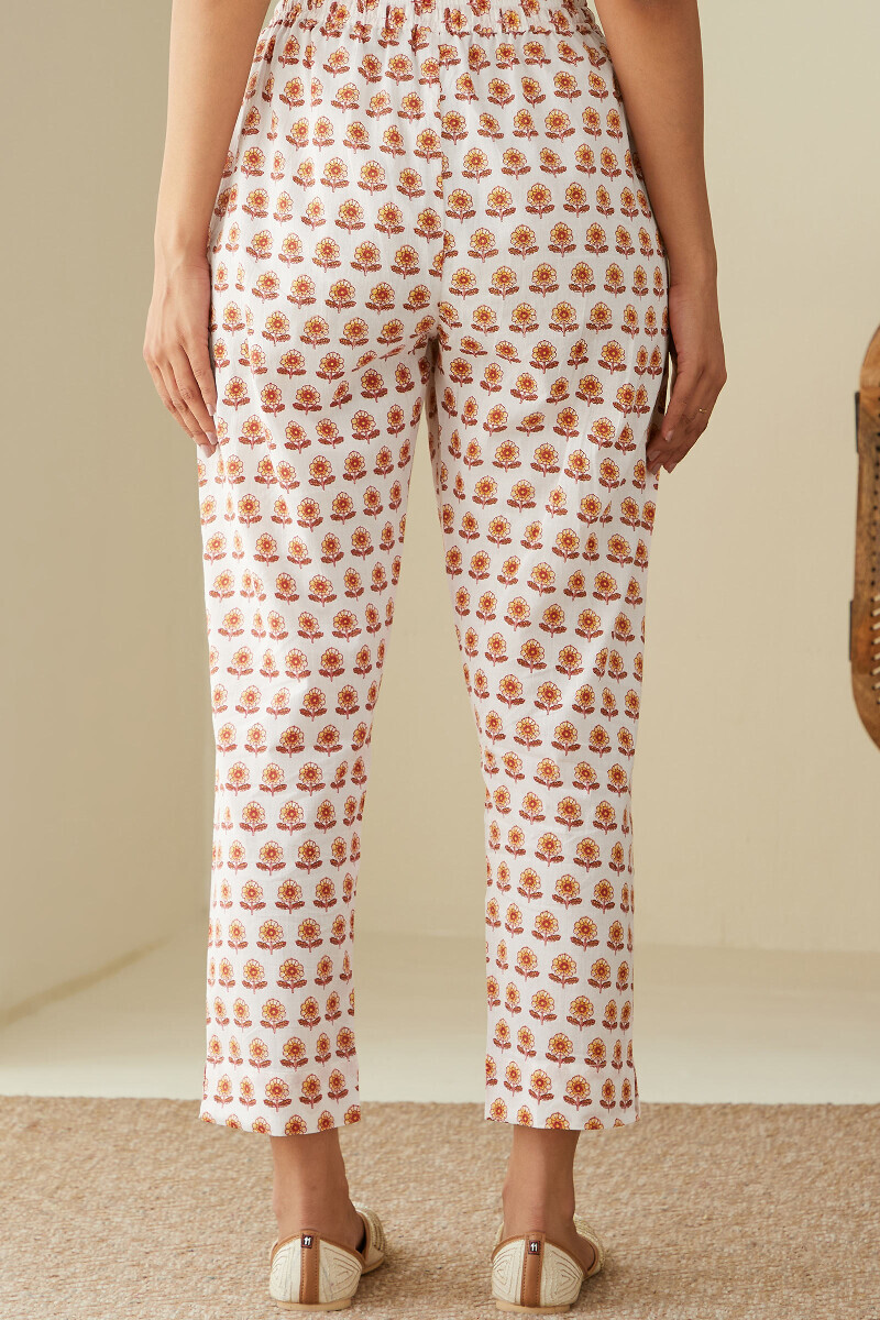 White Hand Printed Cotton Narrow Pants