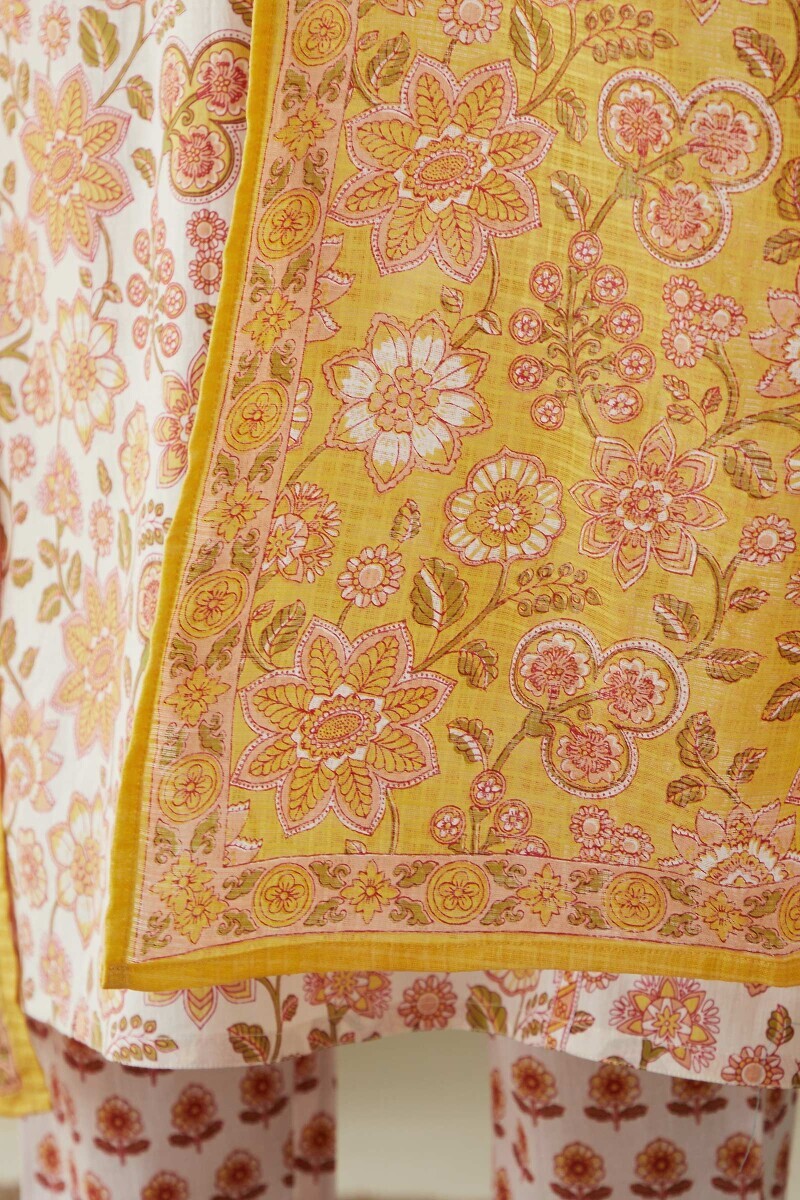 Yellow Hand Printed Kota Dupatta