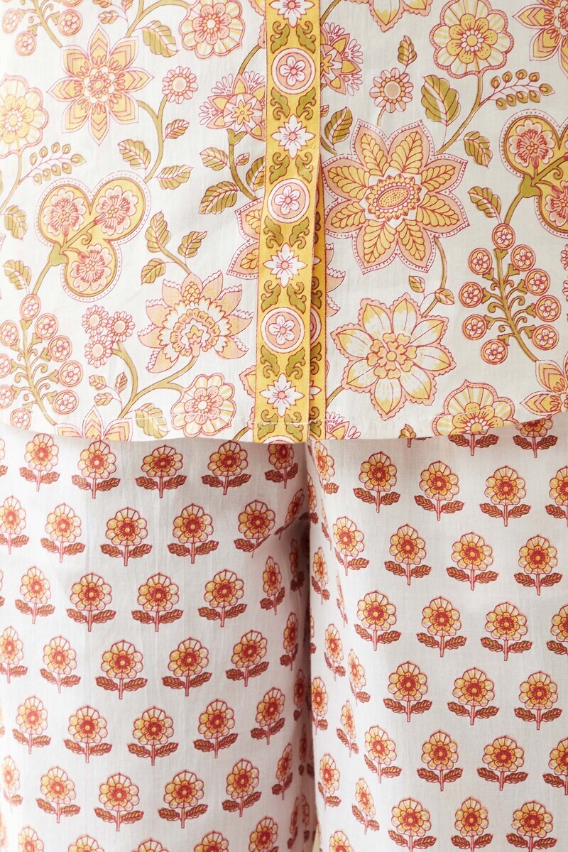 White Hand Printed Cotton Loungewear Set