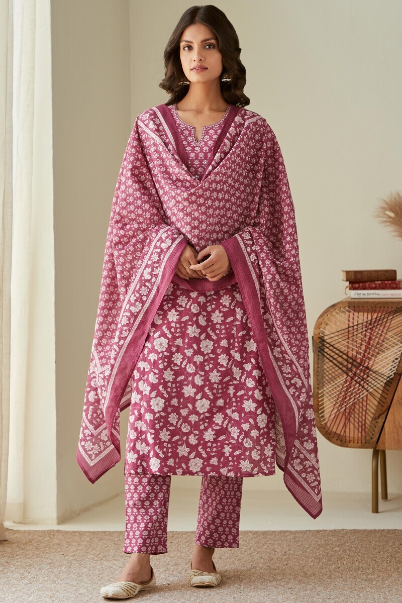 Pink Hand Printed Straight Cotton Kurta