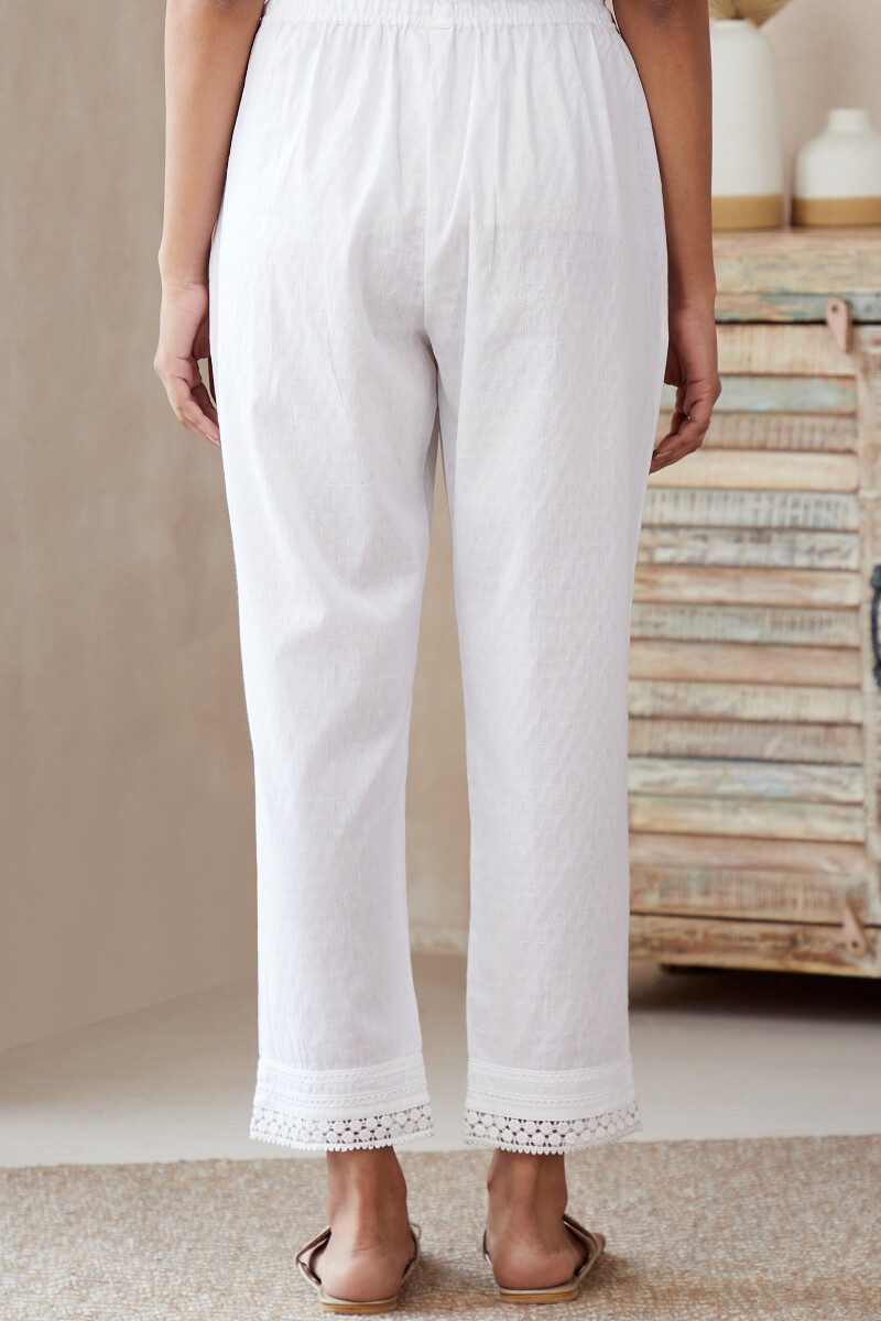 White Handcrafted Cotton Dobby Narrow Pants