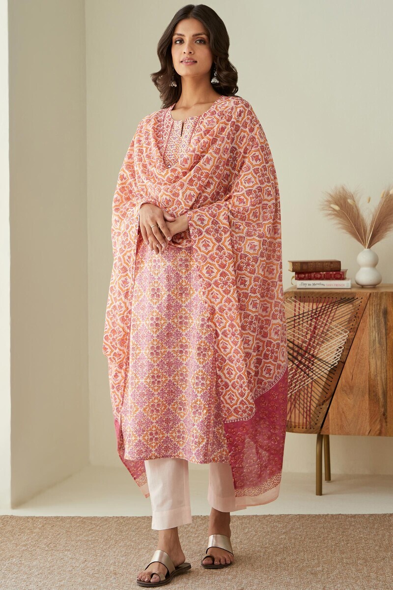 Cream Hand Block-Printed Straight Cotton Kurta