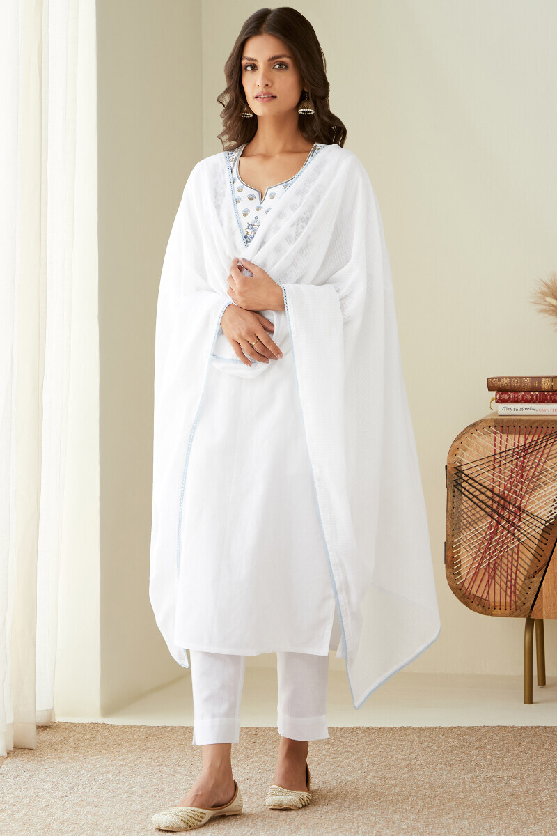 White Handcrafted Straight Cotton Flax Kurta
