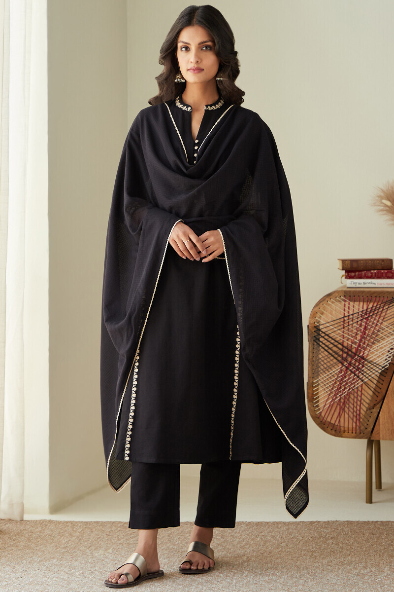 Black Handcrafted A-Line Cotton Flax Kurta