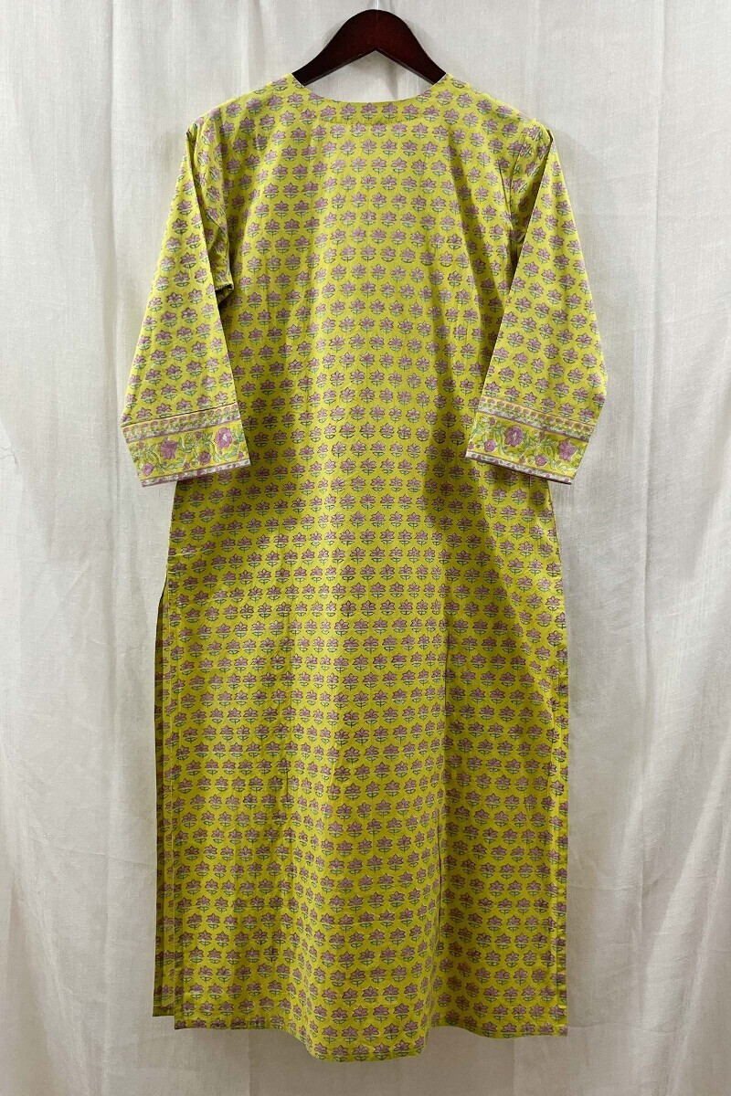 Yellow Hand Block-Printed Straight Cotton Kurta