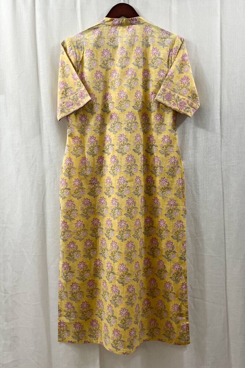 Yellow Hand Block-Printed Straight Cotton Slub Kurta