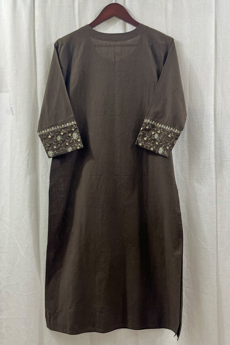 Dark Brown Handcrafted Straight Cotton Flax Kurta