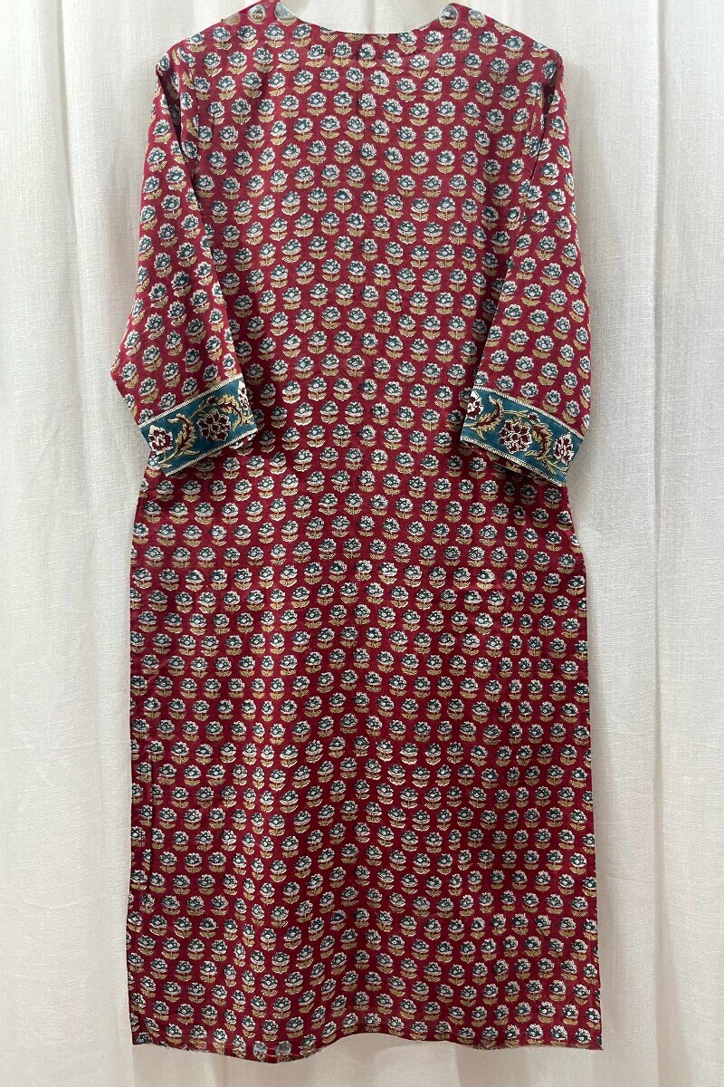 Red Hand Block-Printed Straight Modal Kurta
