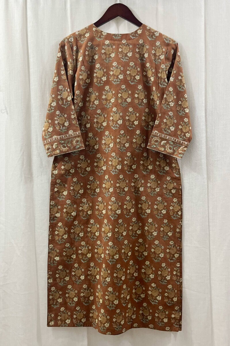 Brown Hand Block-Printed Straight Cotton Slub Kurta