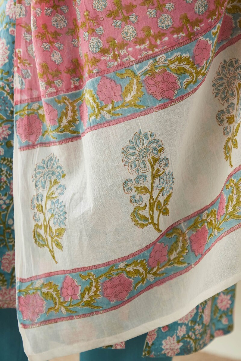 Pink Hand Block-Printed Cotton Mul Dupatta