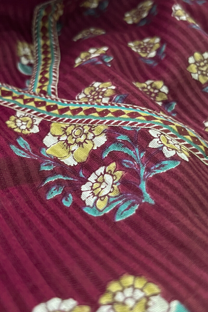 Red Hand Printed Angrakha Cotton Dobby Kurta
