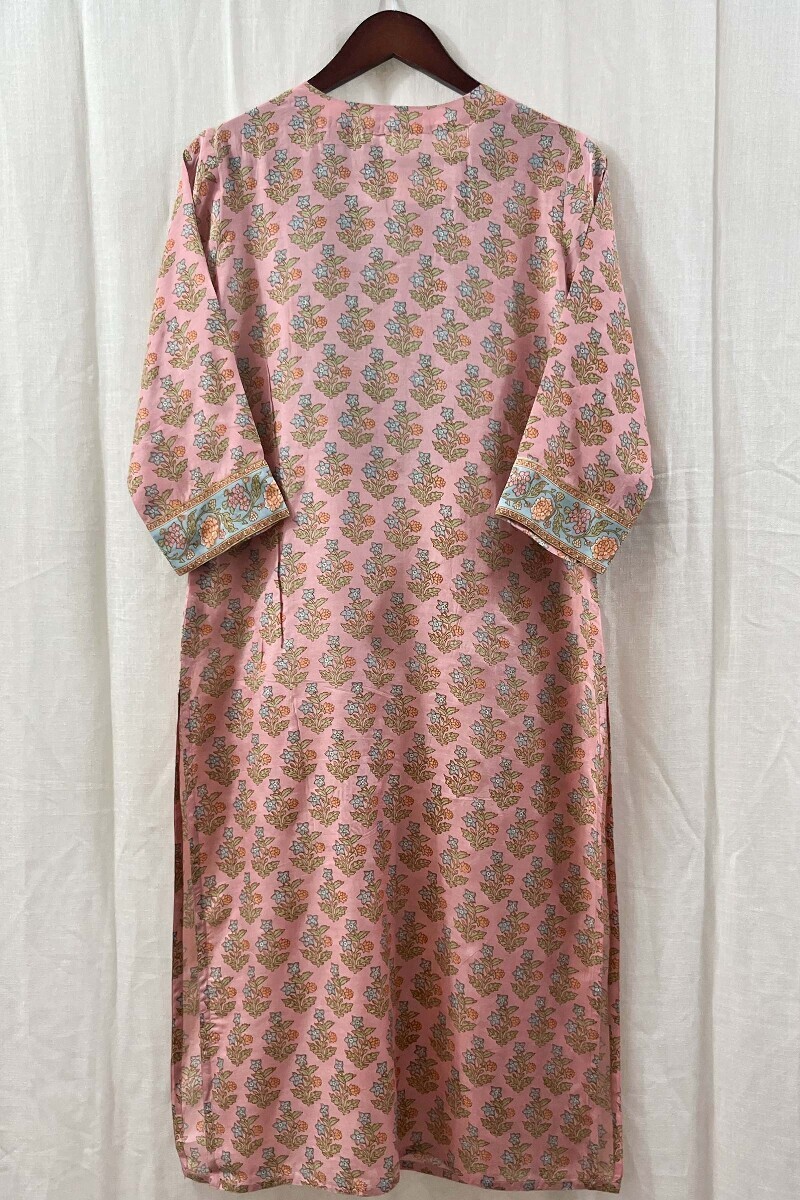 Pink Hand Printed Straight Modal Kurta