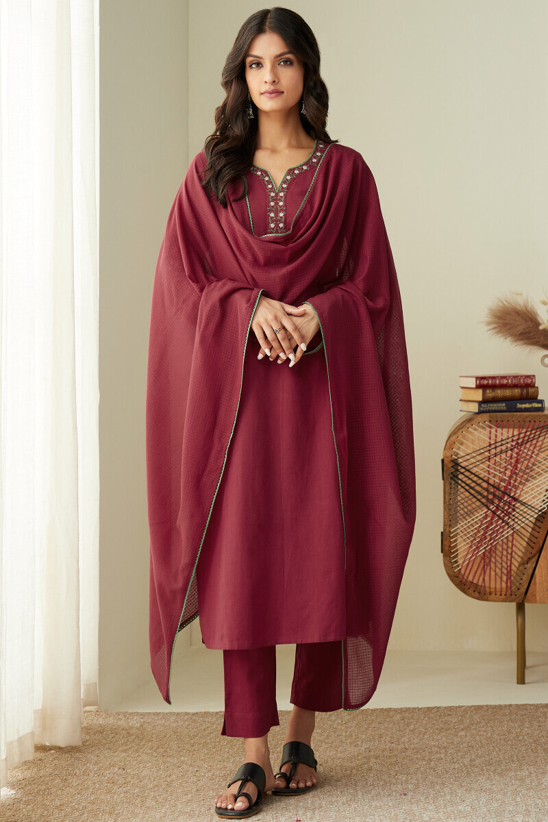 Red Handcrafted Straight Cotton Flax Kurta