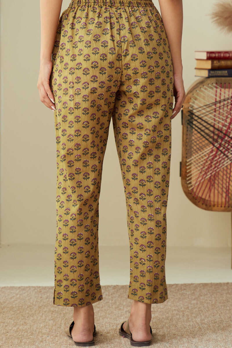 Mustard Hand Printed Cotton Dobby Narrow Pants