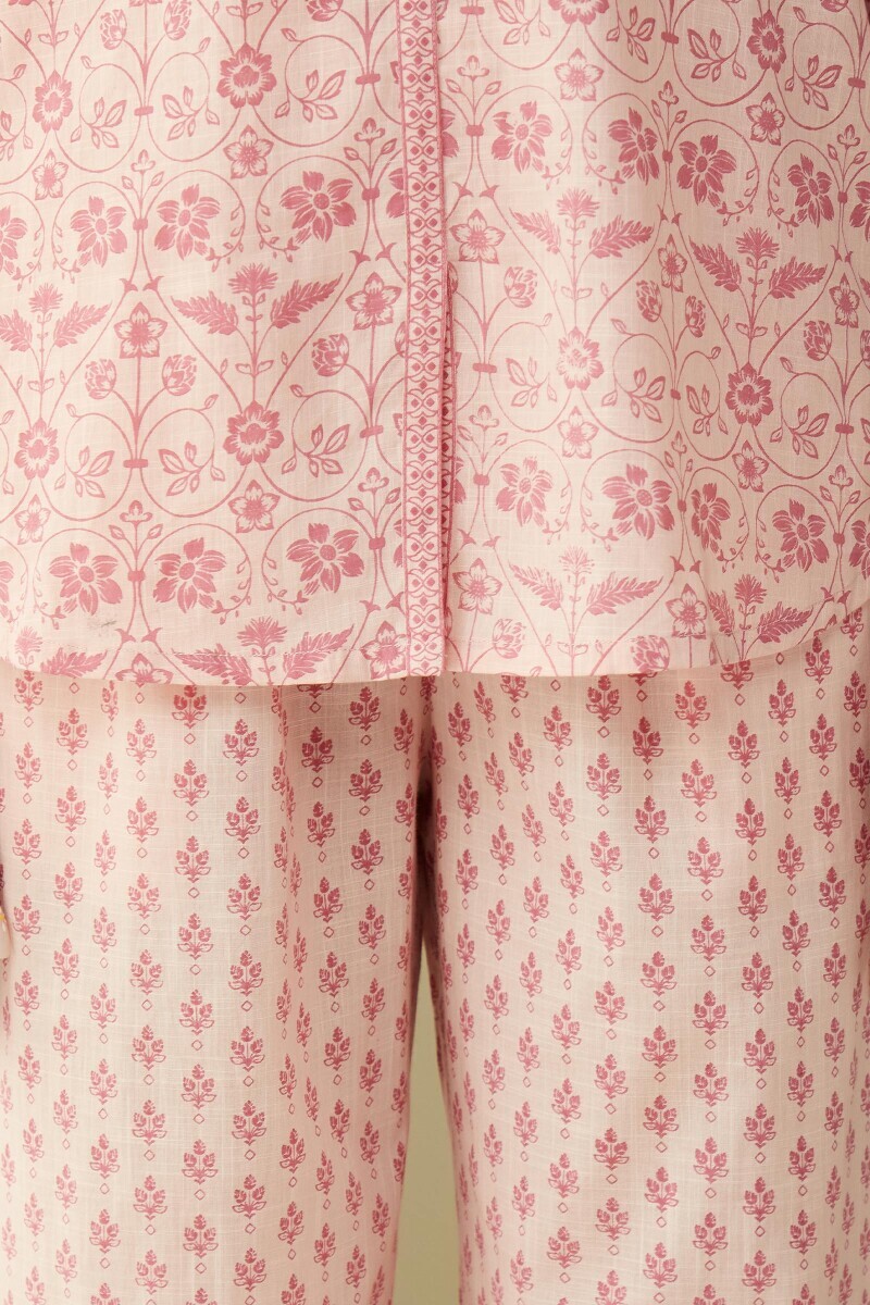 Pink Hand Printed Cotton Slub Loungewear Set