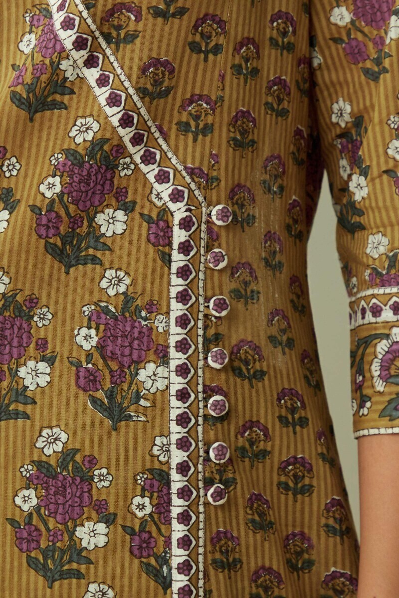 Mustard Hand Printed Angrakha Cotton Dobby Kurta