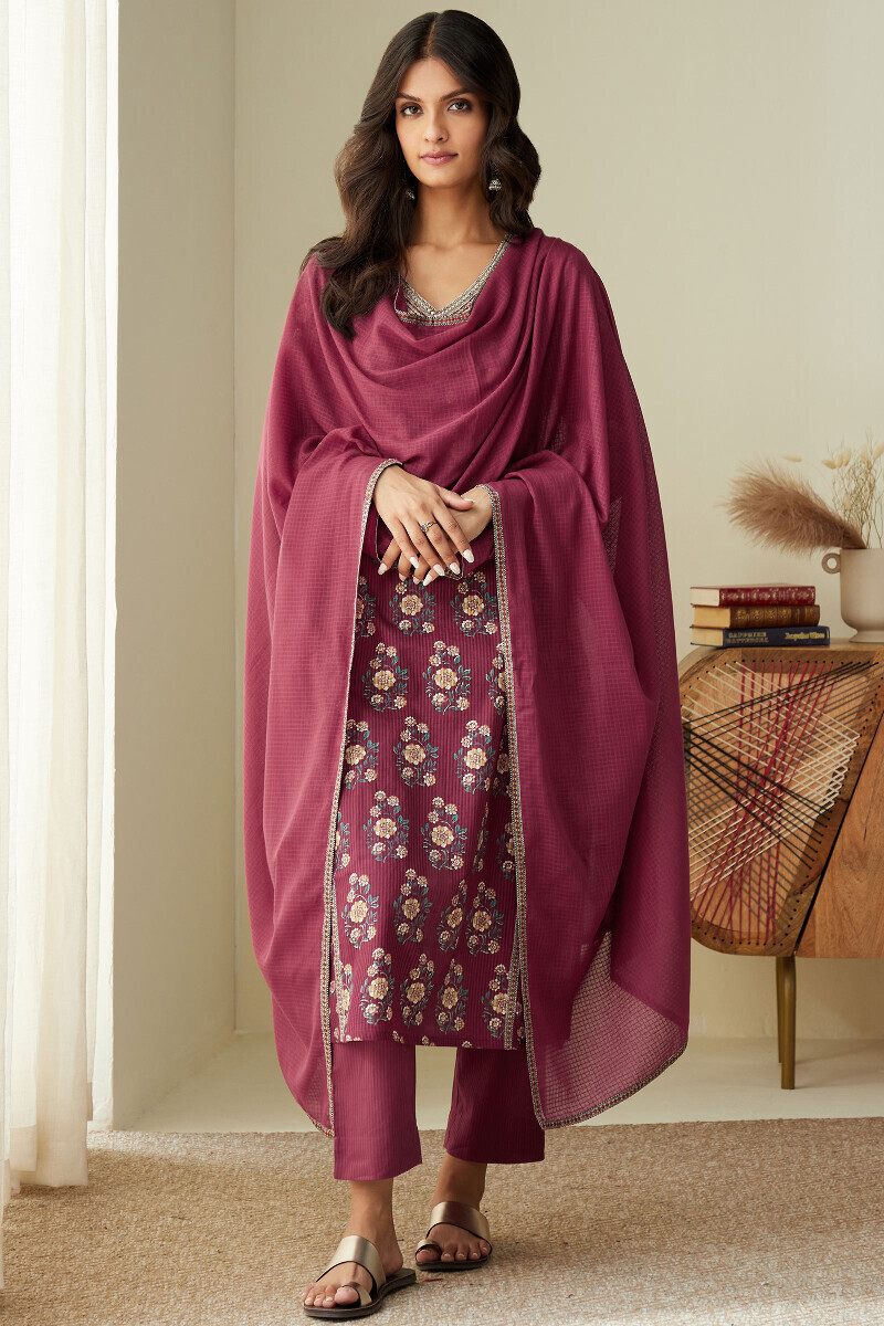 Red Hand Printed Straight Cotton Dobby Kurta