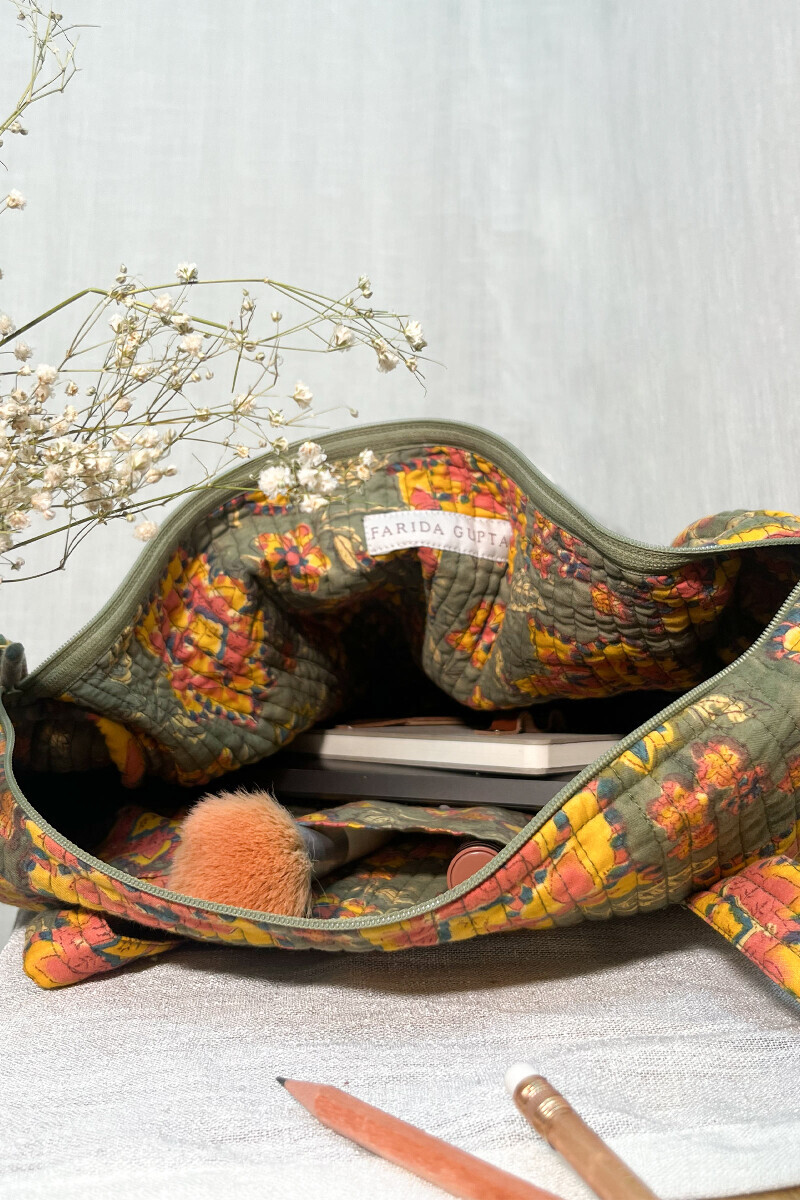 Green Hand Block-Printed Cotton Duffel Bag