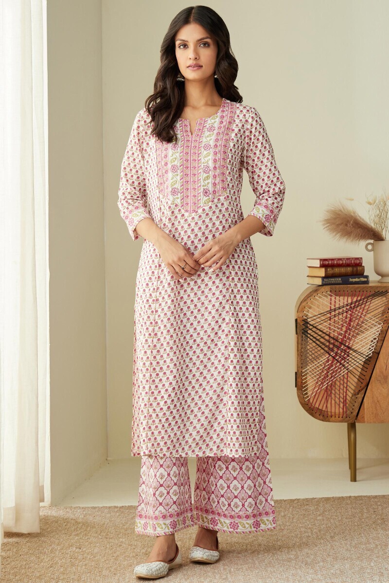 Pink Hand Printed Straight Cotton Dobby Kurta