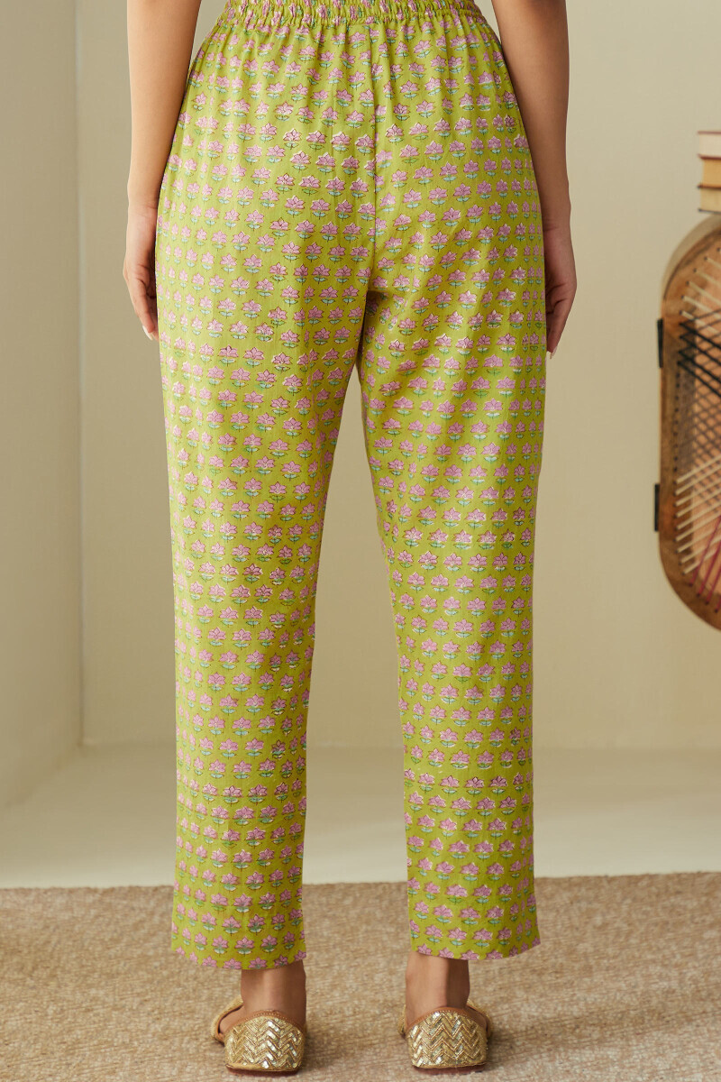 Yellow Hand Block-Printed Cotton Narrow Pants