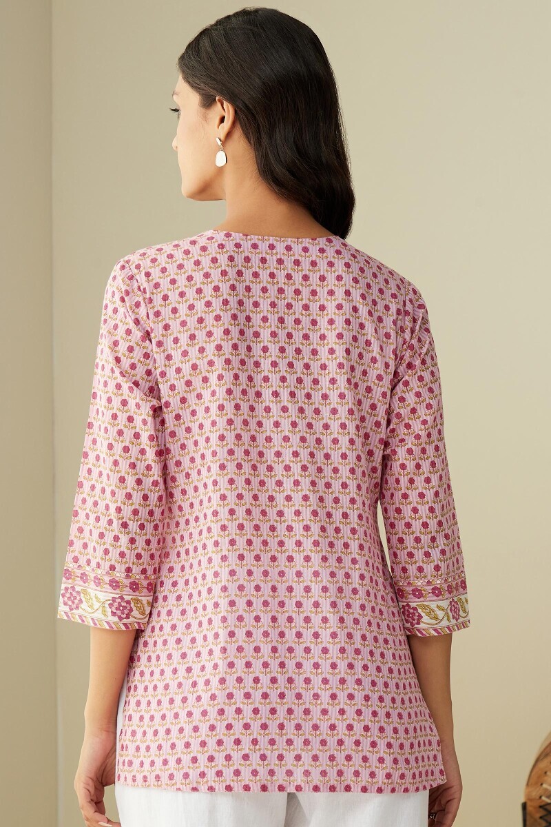 Pink Hand Printed Cotton Dobby Top