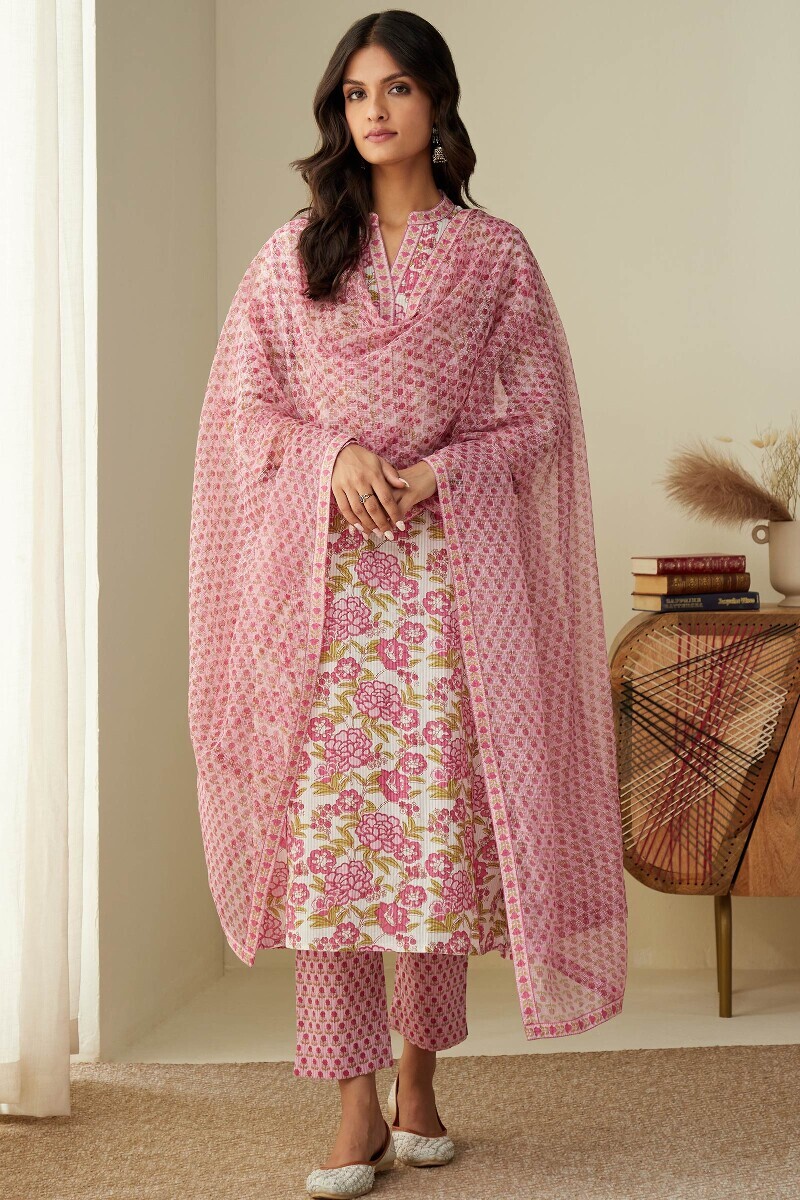 White Hand Printed Straight Cotton Kurta