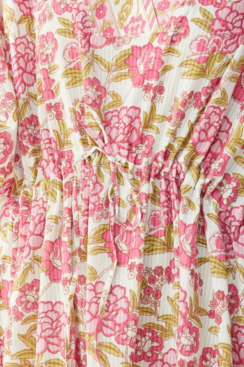 White Hand Printed Cotton Dobby Kaftan