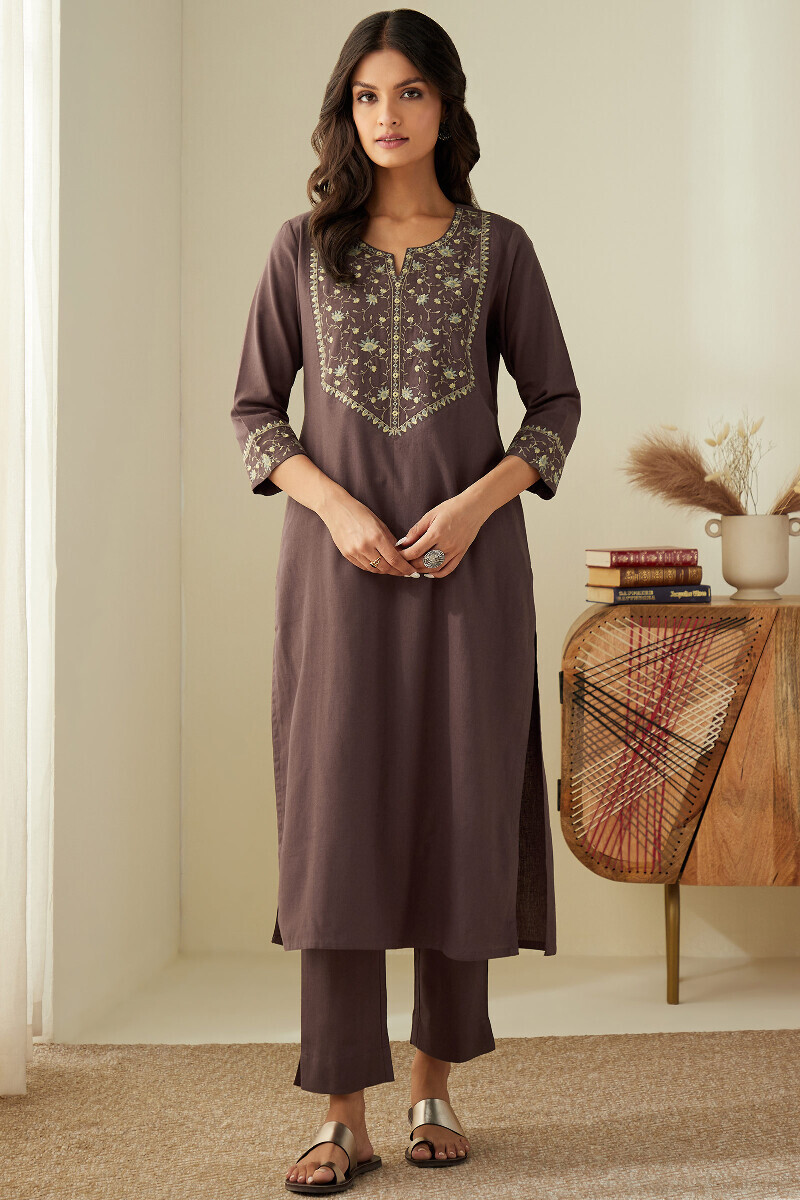 Brown Handcrafted Straight Cotton Flax Kurta