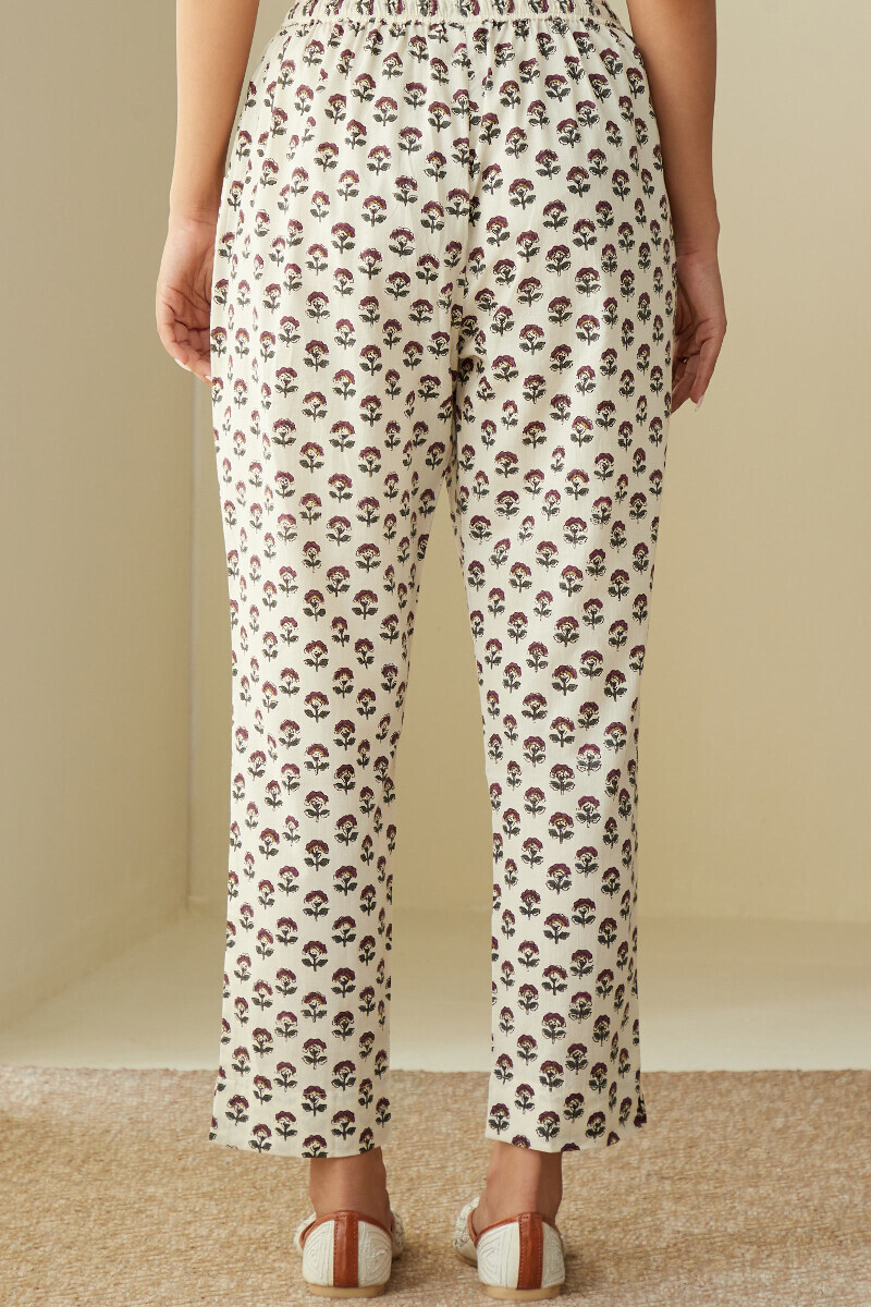 Cream Hand Printed Cotton Narrow Pants