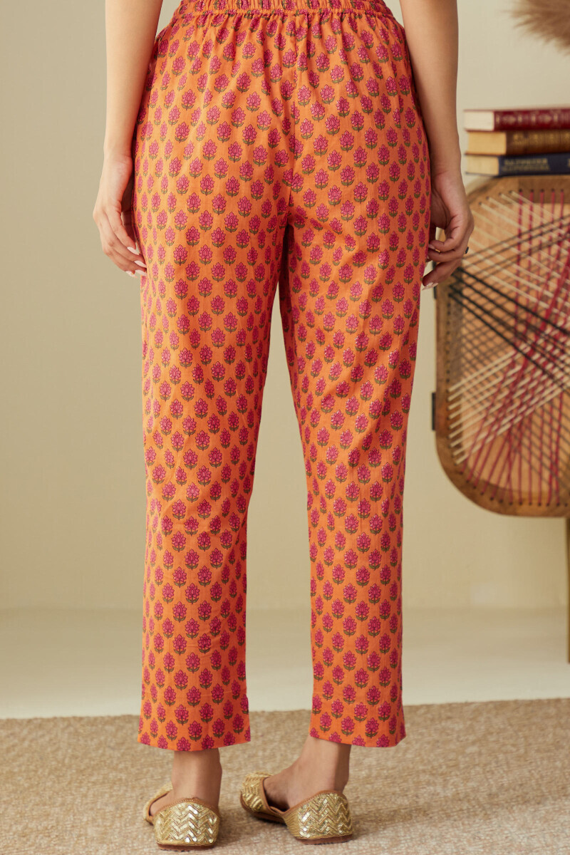 Orange Hand Printed Cotton Narrow Pants