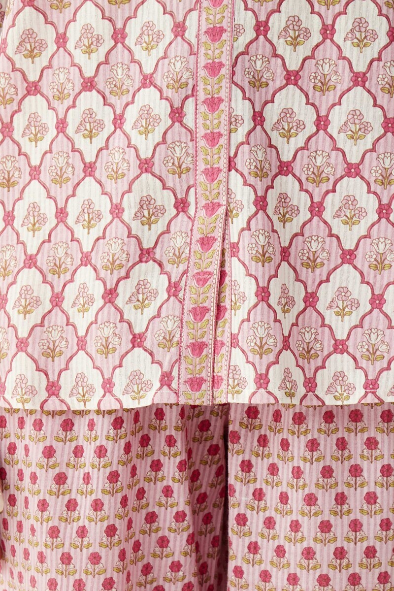 White Hand Printed Straight Cotton Dobby Loungewear Set