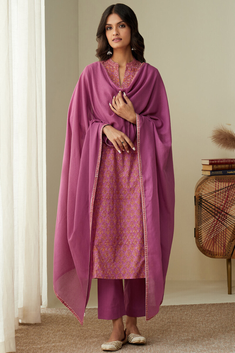 Purple Hand Block-Printed Straight Cotton Kurta