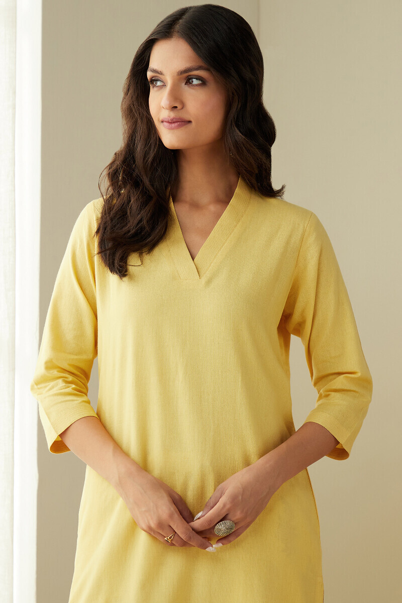 Yellow Handcrafted Straight Cotton Flax Kurta