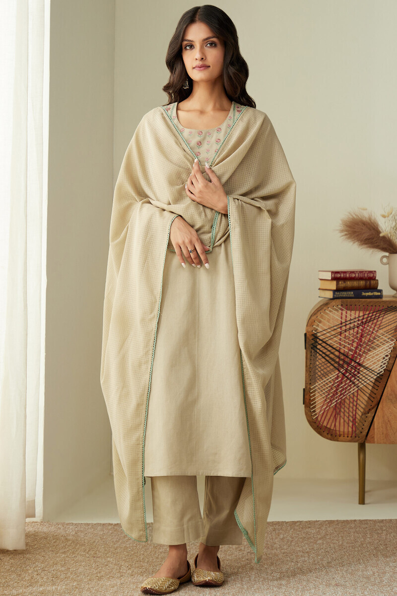 Beige Handcrafted Straight Cotton Flax Kurta