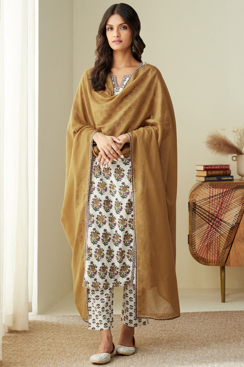 Cream Hand Printed Straight Cotton Kurta