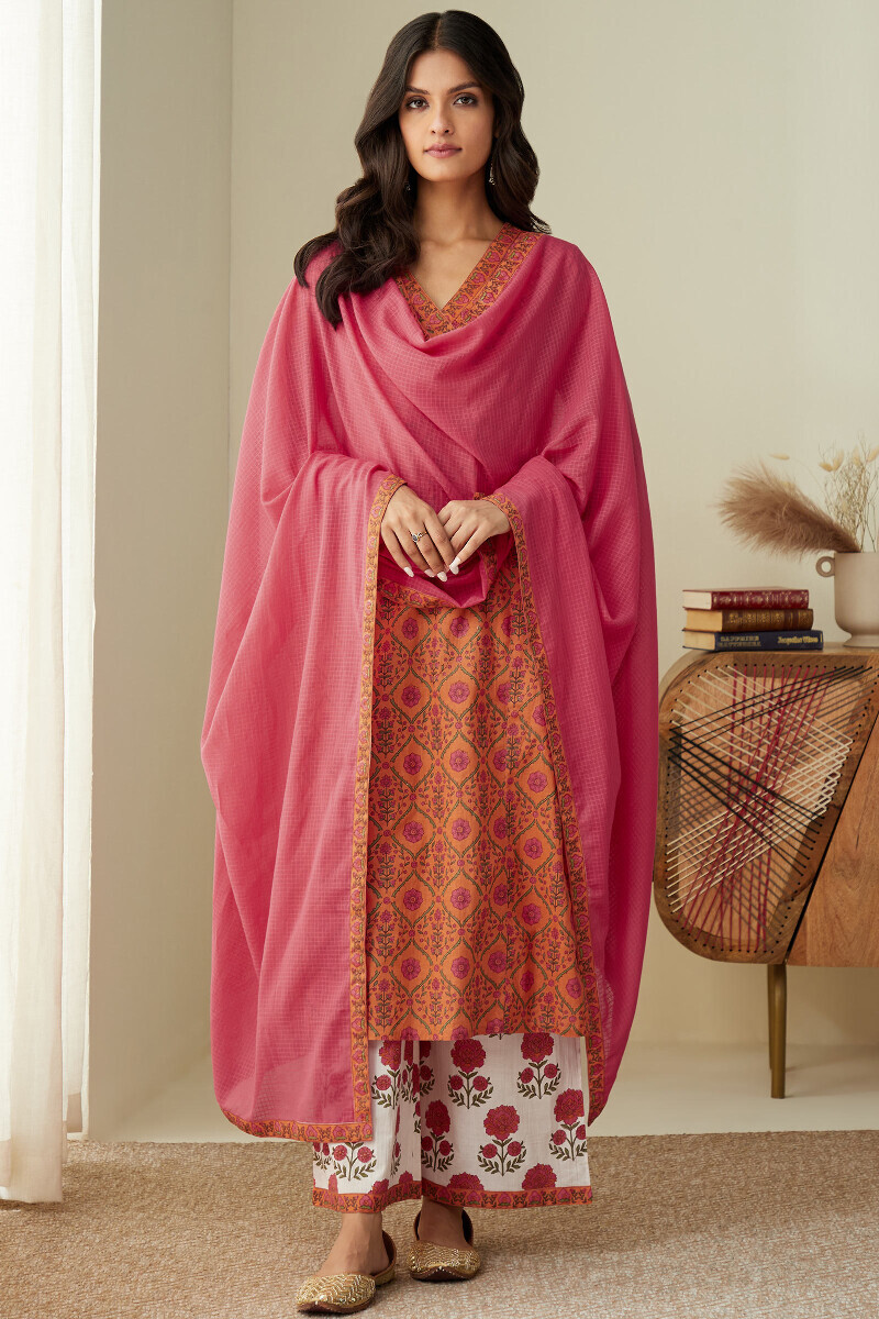 Orange Hand Printed Straight Cotton Kurta