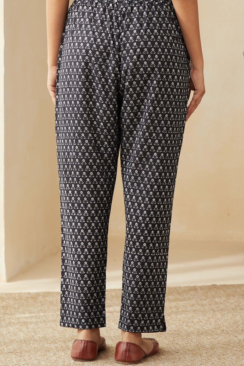 Blue Hand Printed Cotton Narrow Pants