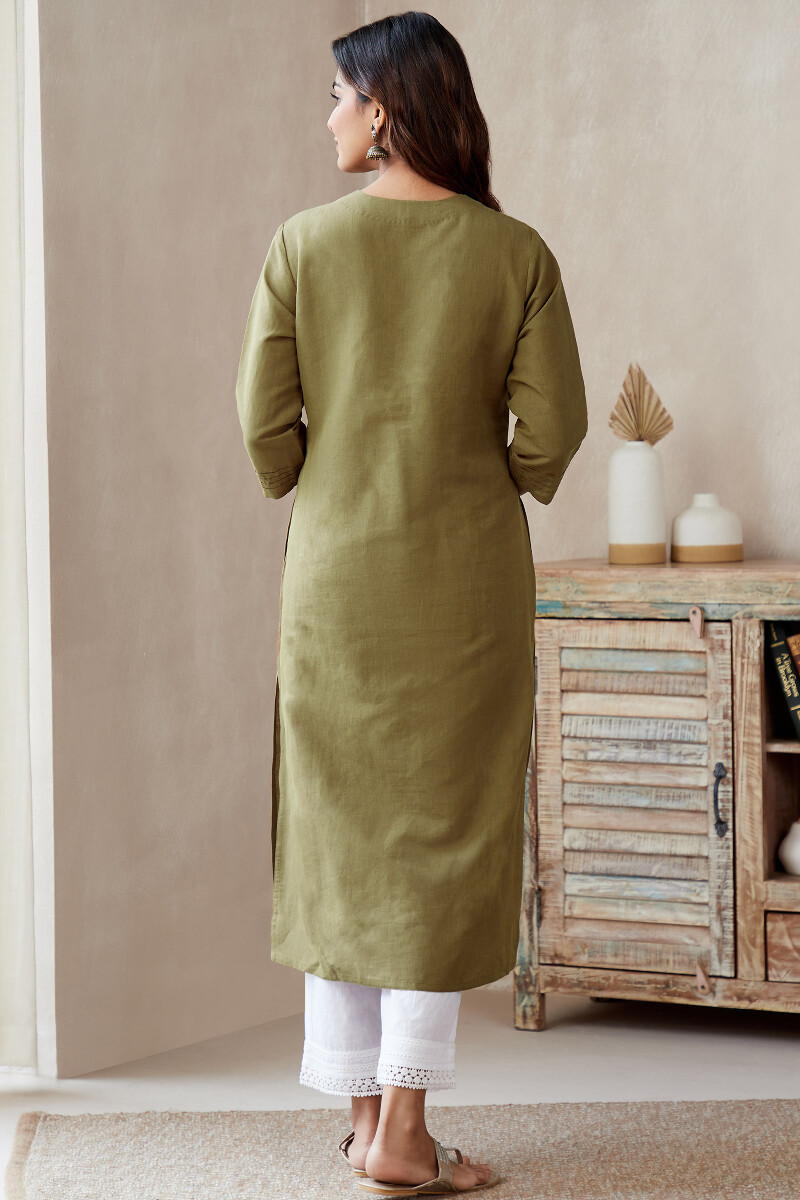 Olive Green Handcrafted Straight Cotton Linen Kurta